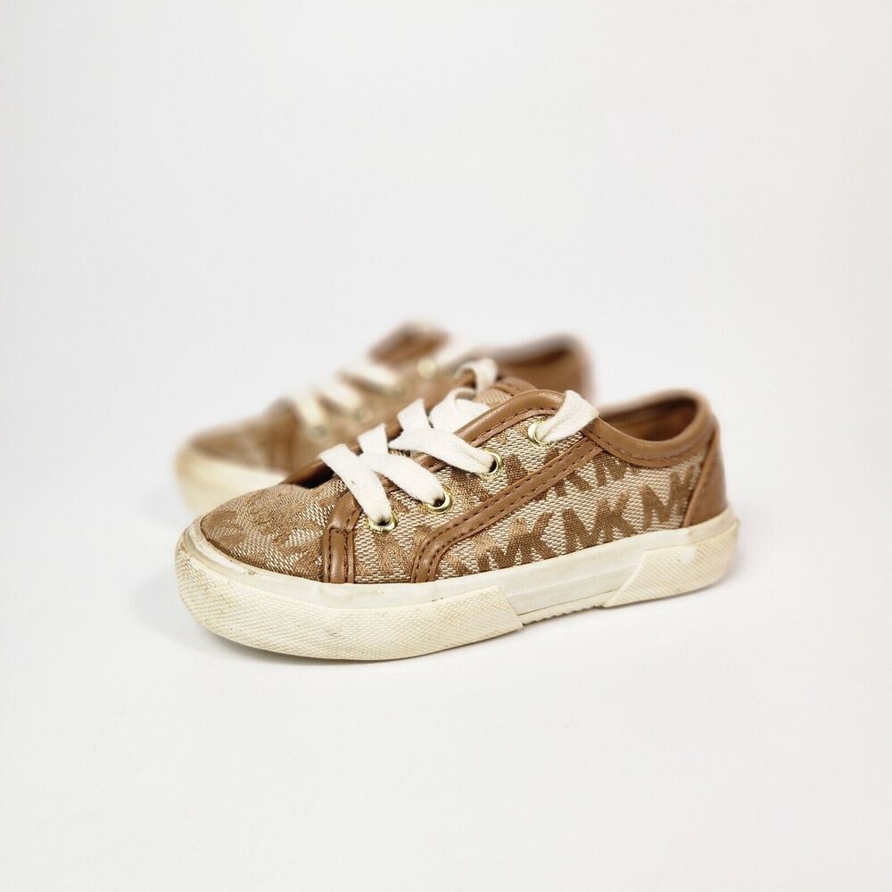 Michael Kors Toddler Shoes Girls Size 7 Tan‎ Canvas Logo Designer Shoes Lace Up